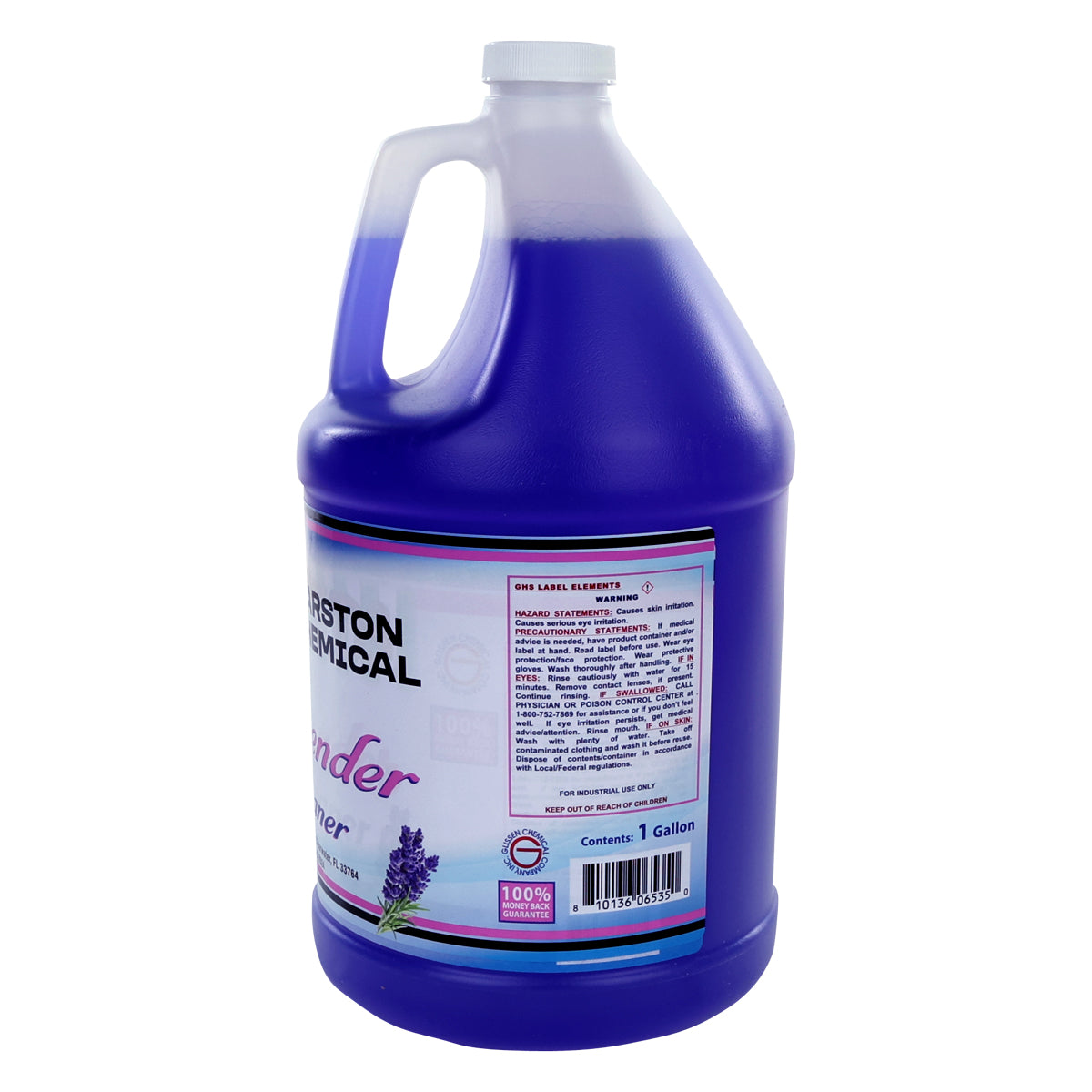 A translucent plastic gallon jug filled with purple Lavender Cleaner. The jug has a handle, white screw cap, and a label featuring the product name, long lasting scent, safety warnings, and an image of lavender flowers.