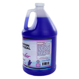 A translucent plastic gallon jug filled with purple Lavender Cleaner. The jug has a handle, white screw cap, and a label featuring the product name, long lasting scent, safety warnings, and an image of lavender flowers.