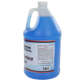 A large, transparent plastic gallon jug with a handle, filled with blue streak-free surface cleaner. The label displays safety and hazard information, usage directions, and marks it as glass cleaner. The jug is set against a white background.