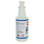 A white plastic bottle with a ribbed neck and cap, labeled “Alkaline Beer Line Cleaner.” This heavy-duty beer line cleaning solution features red, blue, and black text, NSF Certified and American logos, plus clear usage directions.