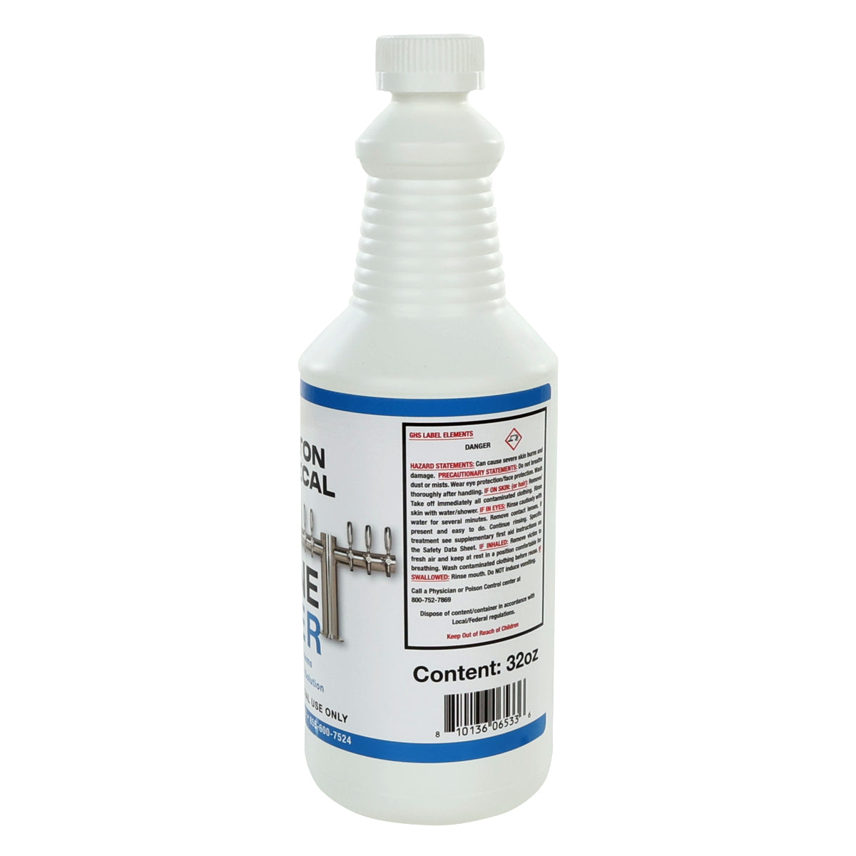 A white 32-ounce plastic spray bottle, ideal for beer systems, with a ribbed neck and a label showing safety warnings, barcode, and an image of clean metal bars—perfect for dispensing beer line cleaning solution. The ribbed cap is also white.
