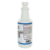 A white 32-ounce plastic spray bottle, ideal for beer systems, with a ribbed neck and a label showing safety warnings, barcode, and an image of clean metal bars—perfect for dispensing beer line cleaning solution. The ribbed cap is also white.