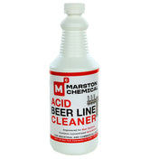A white plastic bottle with a red and white label reading “Marston Chemical Acid Beer Line Cleaner.” The label highlights this powerful beer line cleaning solution for industrial and commercial use, with contact information at the bottom.