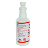A white plastic bottle with a ribbed neck and white cap features a red and white label for Acid Beer Line Cleaner, an effective beer line cleaning solution. The American flag and Made in the USA symbols appear near the bottom.