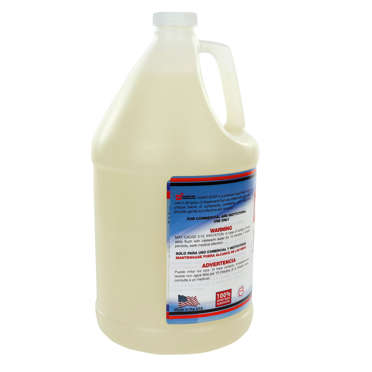 A large, semi-opaque plastic gallon jug with a handle and screw cap. The blue, red, and white label—marked "Coconut Hand Soap" for sensitive skin—shows an American flag icon and details in English and Spanish. Made in USA.