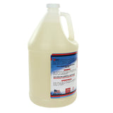 A large, semi-opaque plastic gallon jug with a handle and screw cap. The blue, red, and white label—marked "Coconut Hand Soap" for sensitive skin—shows an American flag icon and details in English and Spanish. Made in USA.