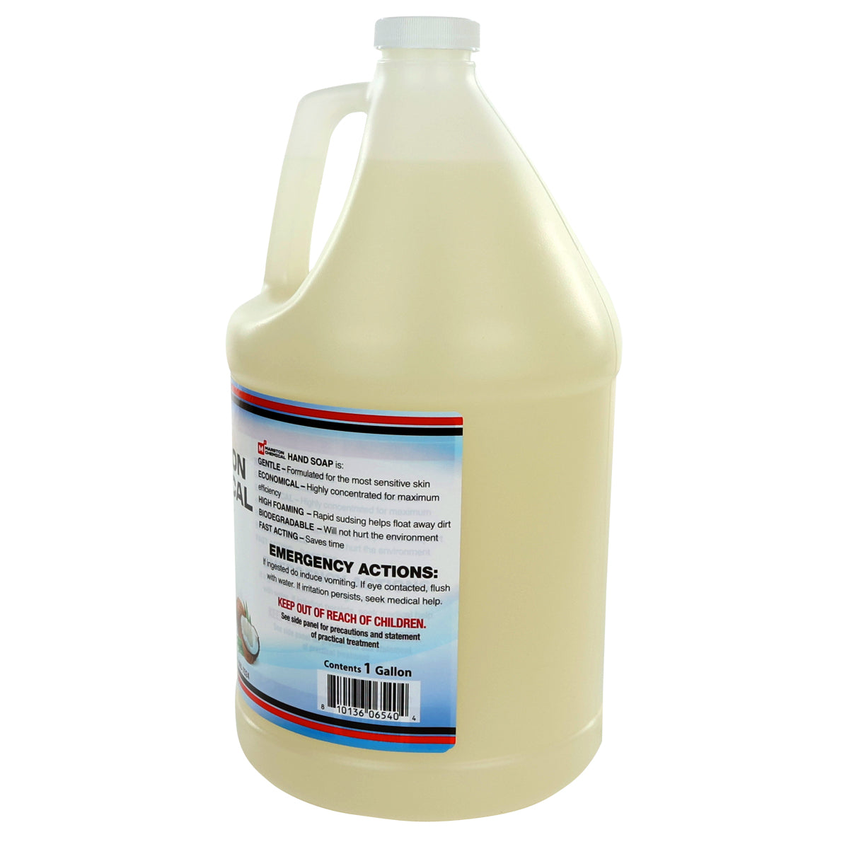 A large, translucent plastic gallon jug with a handle contains pale yellow Coconut Hand Soap suitable for sensitive skin. The front label features usage instructions, emergency actions, warnings to keep out of children’s reach, and the 1-gallon size.