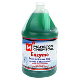 A large green jug of Marston Chemical Enzyme Drain & Grease Trap Cleaner & Maintainer. The white label with bold text highlights its enzyme drain cleaner formula, safe for pipes, and boosts grease trap efficiency with every use.