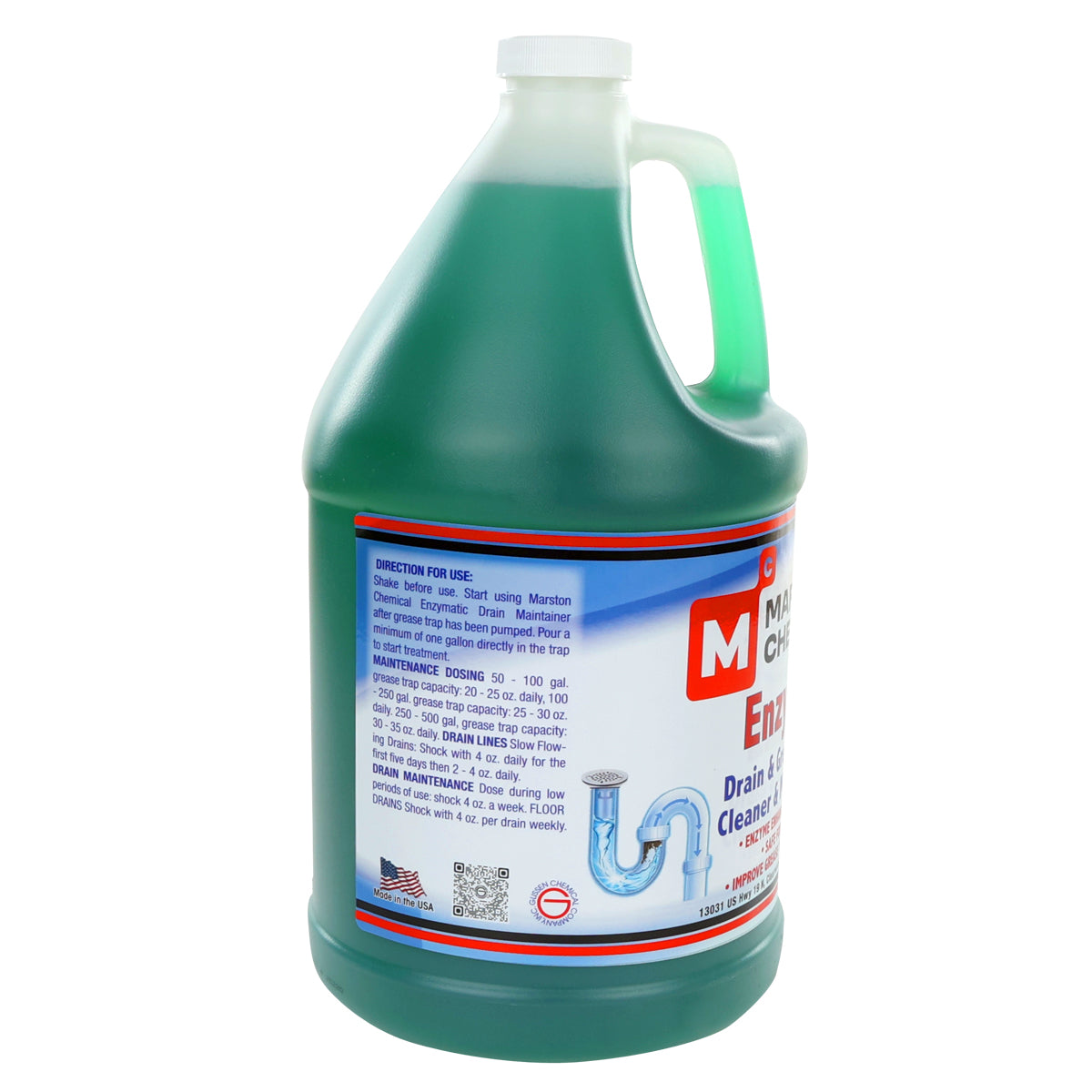 A large, one-gallon jug of Enzyme Drain Cleaner filled with green liquid. The label displays usage instructions, a blue drain pipe diagram, and bold red M branding. Safe for pipes and designed to boost grease trap efficiency. White screw cap and translucent body.