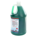 A large, transparent plastic jug filled with green Enzyme Drain Cleaner features a white screw cap and handle. The back label displays warning info with hazard symbols. Ideal for boosting grease trap efficiency, the partially visible label stands out against a white background.