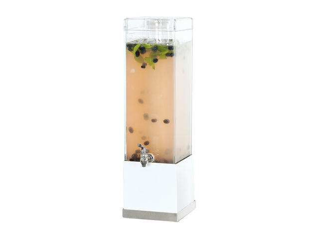 The Cal-Mil 3 gallon beverage dispenser features a tall, rectangular clear container with a white and silver base, filled with light brown liquid, fruits, and herbs. It includes a metal spigot at the bottom for easy pouring.