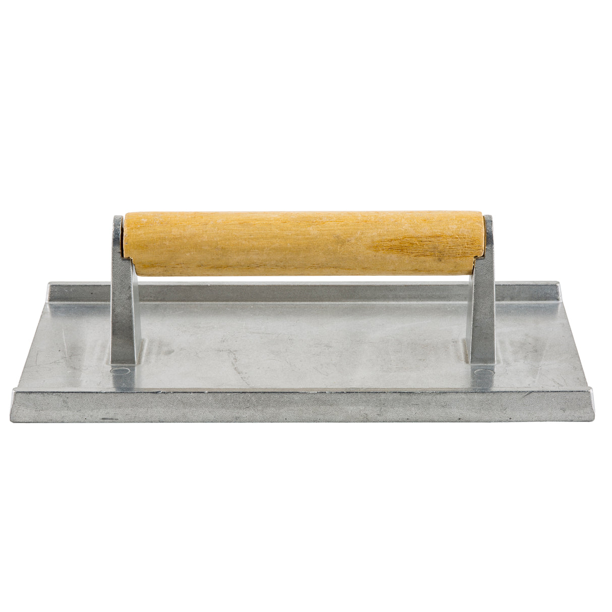 A cast aluminum rectangular tool with a flat base and a sturdy wood handle attached by two metal brackets, viewed from the front. Commonly called a steak weight, it’s perfect for pressing, smoothing, or flattening surfaces in cooking or construction.