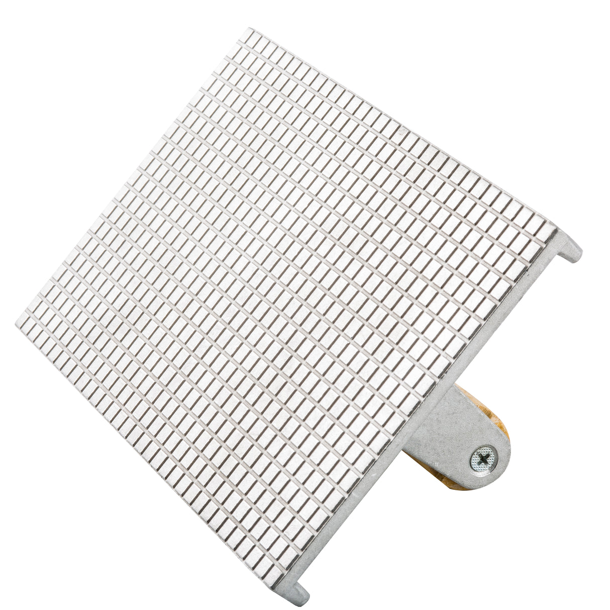A cast aluminum square grater with a grid of raised, evenly spaced small rectangular grating holes, attached to a metal base with a screw. The grater is shown from an angled perspective on a white background.