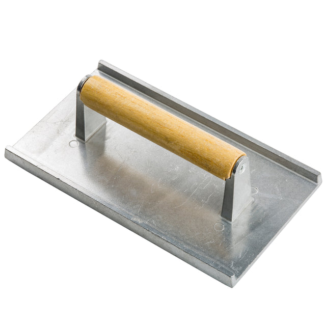 A rectangular metal hand float with a flat base and a wood handle attached by two metal brackets, crafted from cast aluminum for durability, used for smoothing concrete or plaster surfaces. The tool is positioned on a white background.