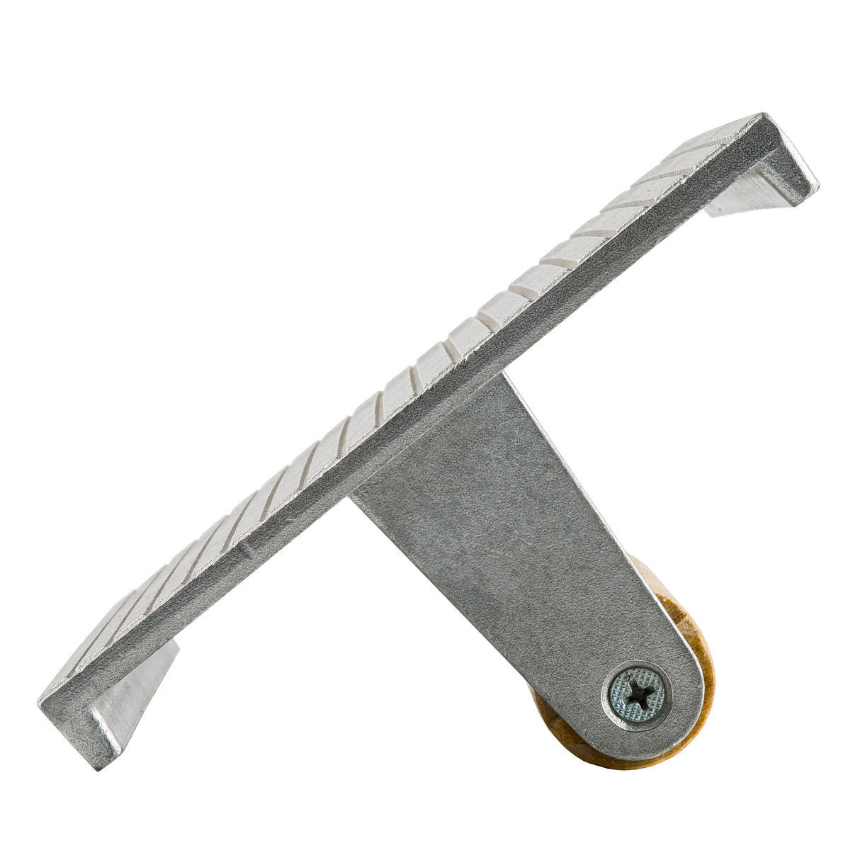 A metal tool with a flat, grooved cast aluminum plate attached to a slanted support and a round brass wheel at the bottom, photographed on a white background.