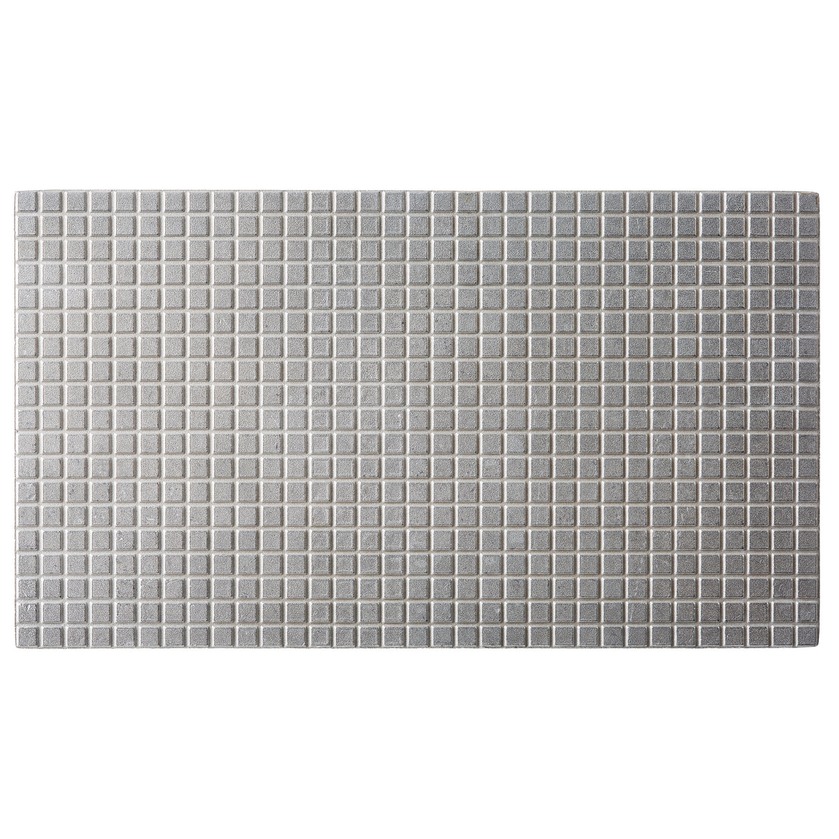 A rectangular gray mat with a textured surface made up of small, evenly spaced square tiles arranged in a grid pattern resembles the durable look of cast aluminum. The mat is set against a white background.