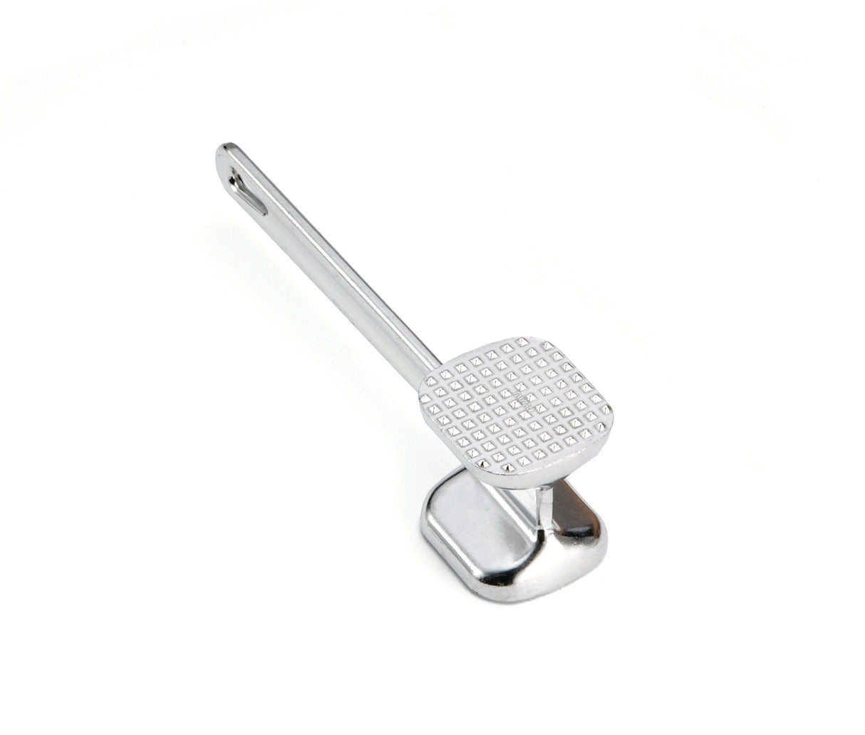 A double sided meat tenderizer with a long handle and a square, textured, grid-patterned head rests on a white background. The tenderizer is shiny and crafted from durable stainless steel.