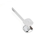 A double sided meat tenderizer with a long handle and a square, textured, grid-patterned head rests on a white background. The tenderizer is shiny and crafted from durable stainless steel.