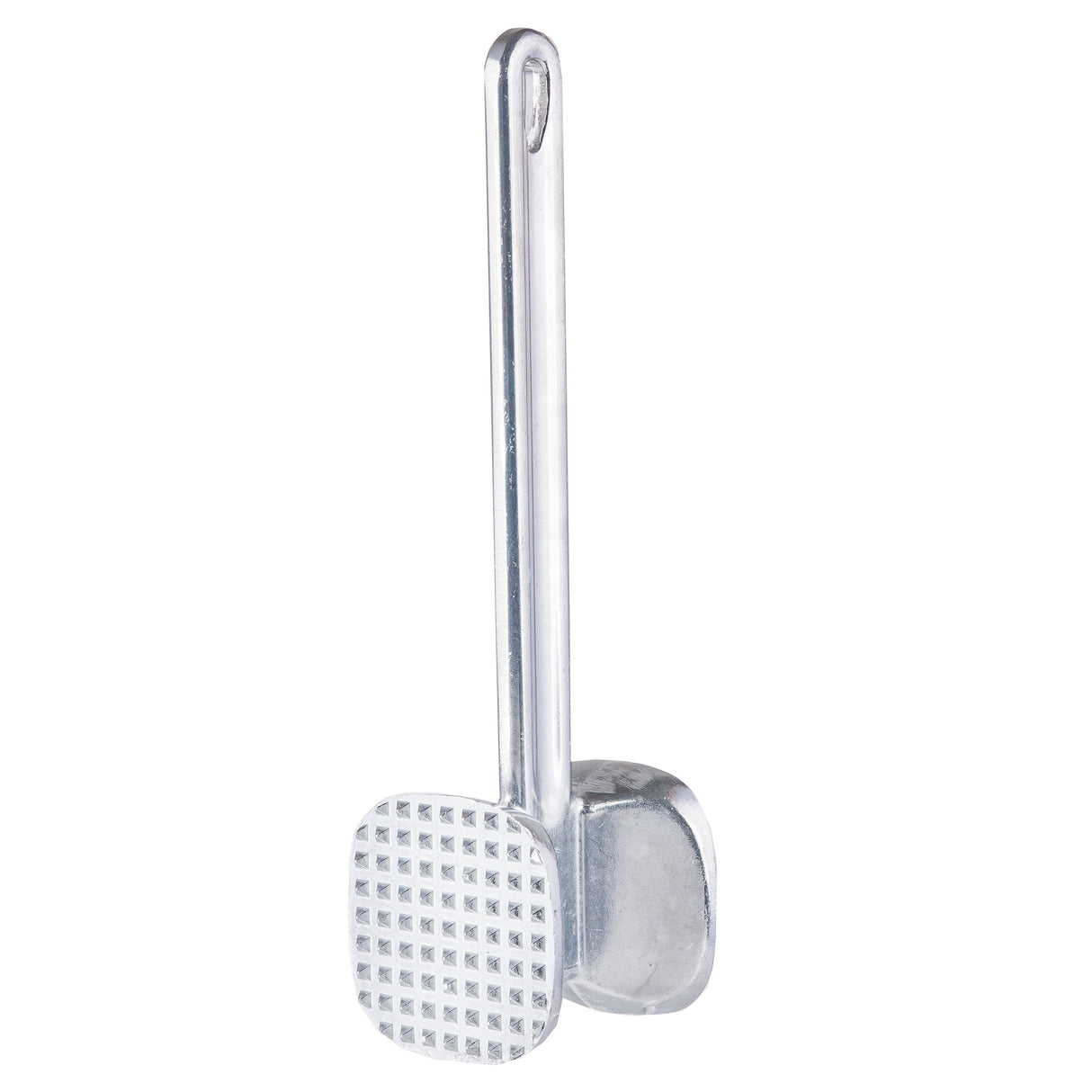 A double sided meat tenderizer made of cast aluminum, featuring a long handle and two heads—one flat and smooth, the other textured with small square bumps. Silver in color, with a hole at the handle’s end for hanging.