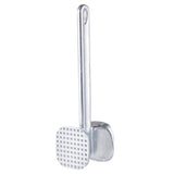 A double sided meat tenderizer made of cast aluminum, featuring a long handle and two heads—one flat and smooth, the other textured with small square bumps. Silver in color, with a hole at the handle’s end for hanging.