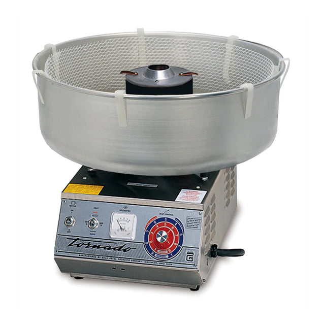 A commercial Tornado Cotton Candy Machine by Gold Medal Products with a stainless steel base features control knobs, a power switch, and timer. On top sits a large aluminum spinning bowl with a white mesh rim for perfect cotton candy every time.