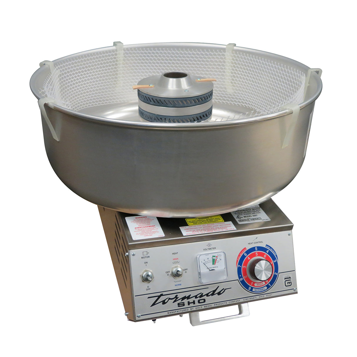 A high output cotton candy machine, the Gold Medal Products Tornado Floss Cotton Candy Machine features a large metal bowl, spinning central head, and control panel with dials and switches. This silver unit is ideal for high-volume candy production on any countertop.