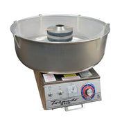 A high output cotton candy machine, the Gold Medal Products Tornado Floss Cotton Candy Machine features a large metal bowl, spinning central head, and control panel with dials and switches. This silver unit is ideal for high-volume candy production on any countertop.