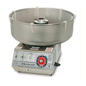 A deluxe Whirlwind cotton candy machine by Gold Medal Products, featuring a large metal spinning bowl, mesh rim, and central spinning head. Its silver base has dials, switches, and branding on the front panel. Displayed on a white background.