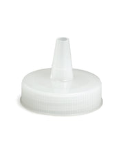 A white, round plastic squeeze bottle top with a 38mm wide cone tip and narrow, tapered nozzle for controlled pouring. Vertical ridges on the side offer extra grip. The cap is displayed on a plain white background.