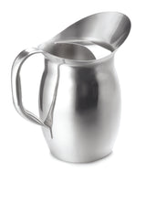 A shiny, reflective Bell Water Pitcher with a wide spout and sturdy handle. This 2 qt pitcher features a smooth, rounded stainless steel body and an angled opening for easy pouring. The pitcher sits elegantly on a white background.