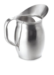 A shiny, reflective Bell Water Pitcher with a wide spout and sturdy handle. This 2 qt pitcher features a smooth, rounded stainless steel body and an angled opening for easy pouring. The pitcher sits elegantly on a white background.