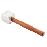 A meat tenderizer with a square cast aluminum head featuring a textured grid surface and a long, curved wood handle, isolated on a white background.