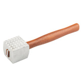 A metal meat tenderizer with a cast aluminum, textured square head and a long, smooth wood handle. The head features a grid of raised pyramids for pounding and softening meat. The tool is placed against a white background.
