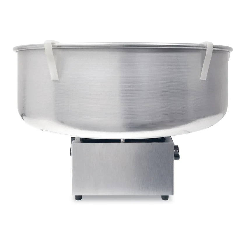 A large, round, metal bowl with two white handles sits atop a rectangular stainless steel base. The commercial look highlights it as an Econo Floss Cotton Candy Machine by Gold Medal Products, perfect for high-volume cotton candy production.