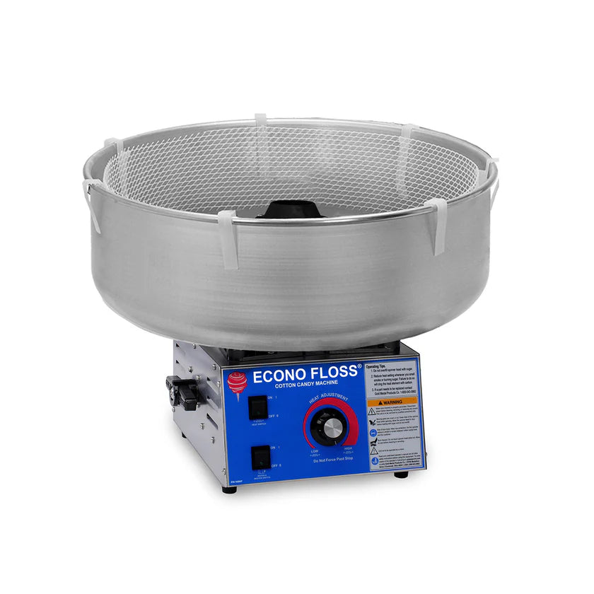 A stainless steel Econo Floss Cotton Candy Machine by Gold Medal Products features a large round bowl with mesh rim atop a blue base. The control panel has switches, dials, and warning labels, all set against a plain white background.