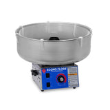 A stainless steel Econo Floss Cotton Candy Machine by Gold Medal Products features a large round bowl with mesh rim atop a blue base. The control panel has switches, dials, and warning labels, all set against a plain white background.