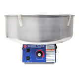 A commercial Gold Medal Products Econo Floss Cotton Candy Machine with a large metal bowl and a blue control panel featuring switches, a heat adjustment knob, warning labels, and indicator lights—perfect for making delicious cotton candy.