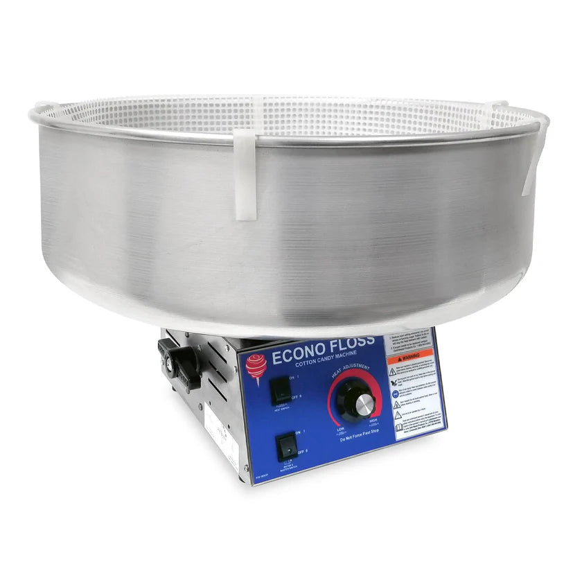 A commercial Gold Medal Products Econo Floss Cotton Candy Machine with a large metal spinning bowl on top and a blue rectangular control panel below, featuring a black knob, switches, indicator lights, and operating instructions.