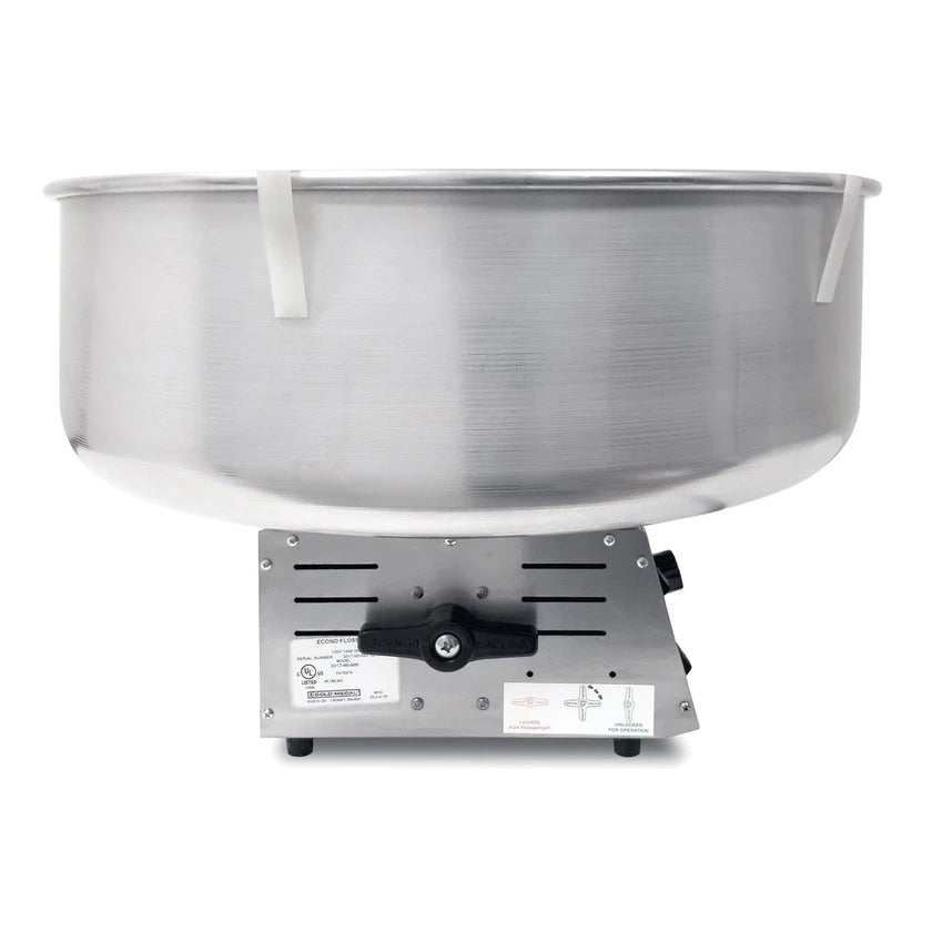 A Gold Medal Products Econo Floss Cotton Candy Machine with a large, round metal bowl sits atop a rectangular base featuring ventilation slits, a control knob, clear labels, and a power switch. The machine appears clean and is photographed against a white background.