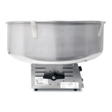 A Gold Medal Products Econo Floss Cotton Candy Machine with a large, round metal bowl sits atop a rectangular base featuring ventilation slits, a control knob, clear labels, and a power switch. The machine appears clean and is photographed against a white background.