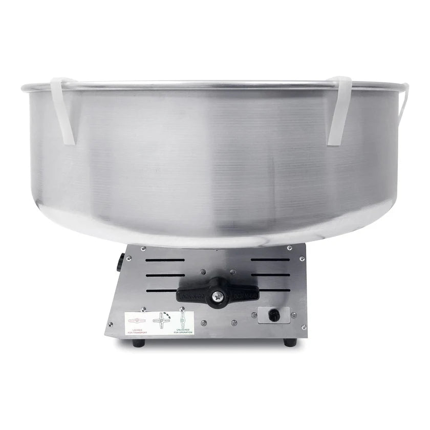 A metal Econo Floss Cotton Candy Machine by Gold Medal Products features a large, round silver bowl with two white handles, sitting atop a silver rectangular base with vents, a power switch, knob, and instruction labels. Black details complete the design.