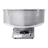 A metal Econo Floss Cotton Candy Machine by Gold Medal Products features a large, round silver bowl with two white handles, sitting atop a silver rectangular base with vents, a power switch, knob, and instruction labels. Black details complete the design.
