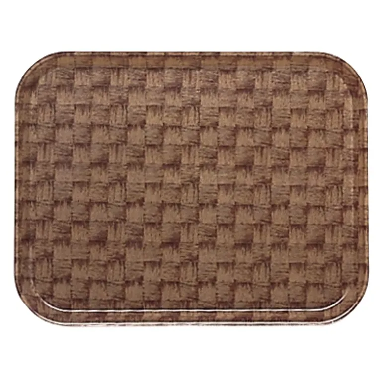 A rectangular brown Camtray with rounded corners, featuring a woven, basket-like texture and pattern. Made from high-impact fiberglass, this dishwasher safe tray has slightly raised edges to prevent items from sliding off. Set against a white background.