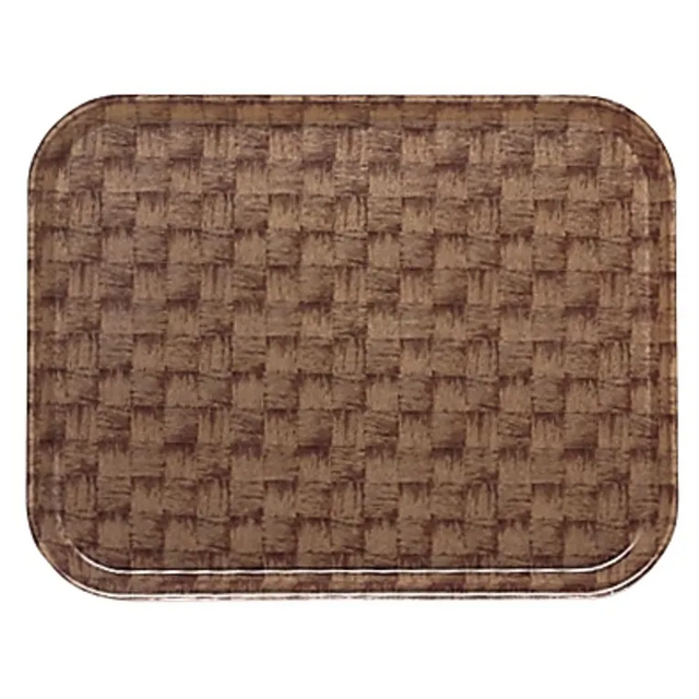 A rectangular brown Camtray with rounded corners, featuring a woven, basket-like texture and pattern. Made from high-impact fiberglass, this dishwasher safe tray has slightly raised edges to prevent items from sliding off. Set against a white background.
