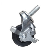 A 2-1/2″ caster with brake features a metal mounting stem, black rubber wheel, and metal brake lever, shown against a plain white background. Ideal for furniture or equipment mobility, this Turbo Air caster ensures smooth movement and secure positioning.