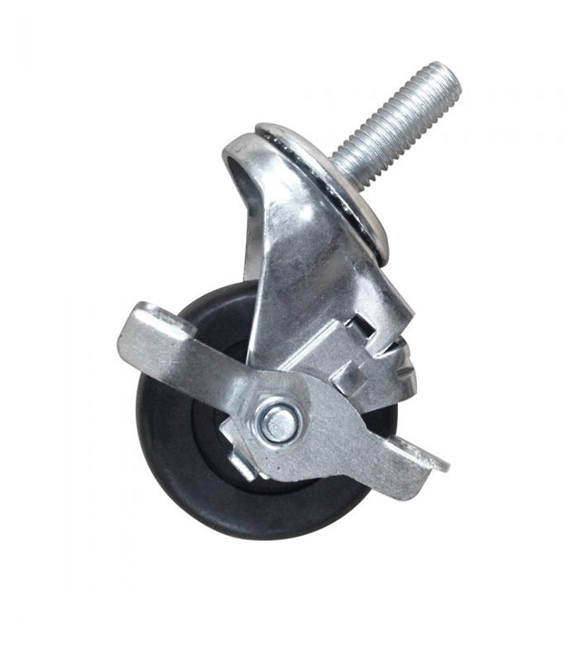 A 2-1/2″ caster with brake features a metal mounting stem, black rubber wheel, and metal brake lever, shown against a plain white background. Ideal for furniture or equipment mobility, this Turbo Air caster ensures smooth movement and secure positioning.