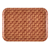 A rectangular Camtray with rounded corners featuring a woven, basket-like pattern in various shades of brown. This high-impact fiberglass tray has a glossy finish, and the intricate design covers the entire surface.