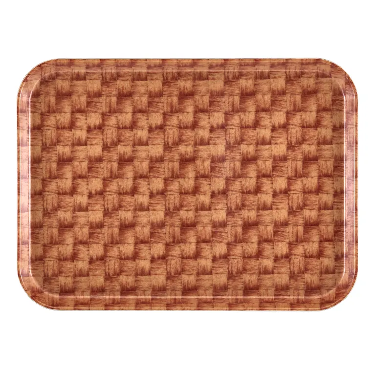 A rectangular Camtray with rounded corners features a woven, basket-like pattern in wood tones. Made from high-impact fiberglass, this tray has a glossy finish and is dishwasher safe for easy cleaning.