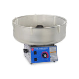 A commercial Gold Medal Products The Breeze cotton candy machine with a large metal spinning bowl, protective white mesh rim, and blue control panel with knob, switches, and warning labels.