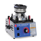 The Breeze Cotton Candy Machine by Gold Medal Products features a blue control panel with switches, a red heat dial, side red handles, warning labels, and a durable metal spinning head for effortless cotton candy making.